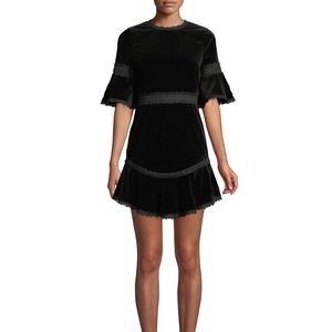 Alice + Olivia Doloris Velvet Trumpet-Sleeve Dress w/ Lace Trim
